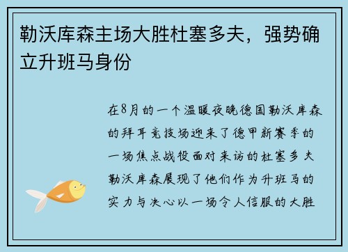 勒沃库森主场大胜杜塞多夫，强势确立升班马身份